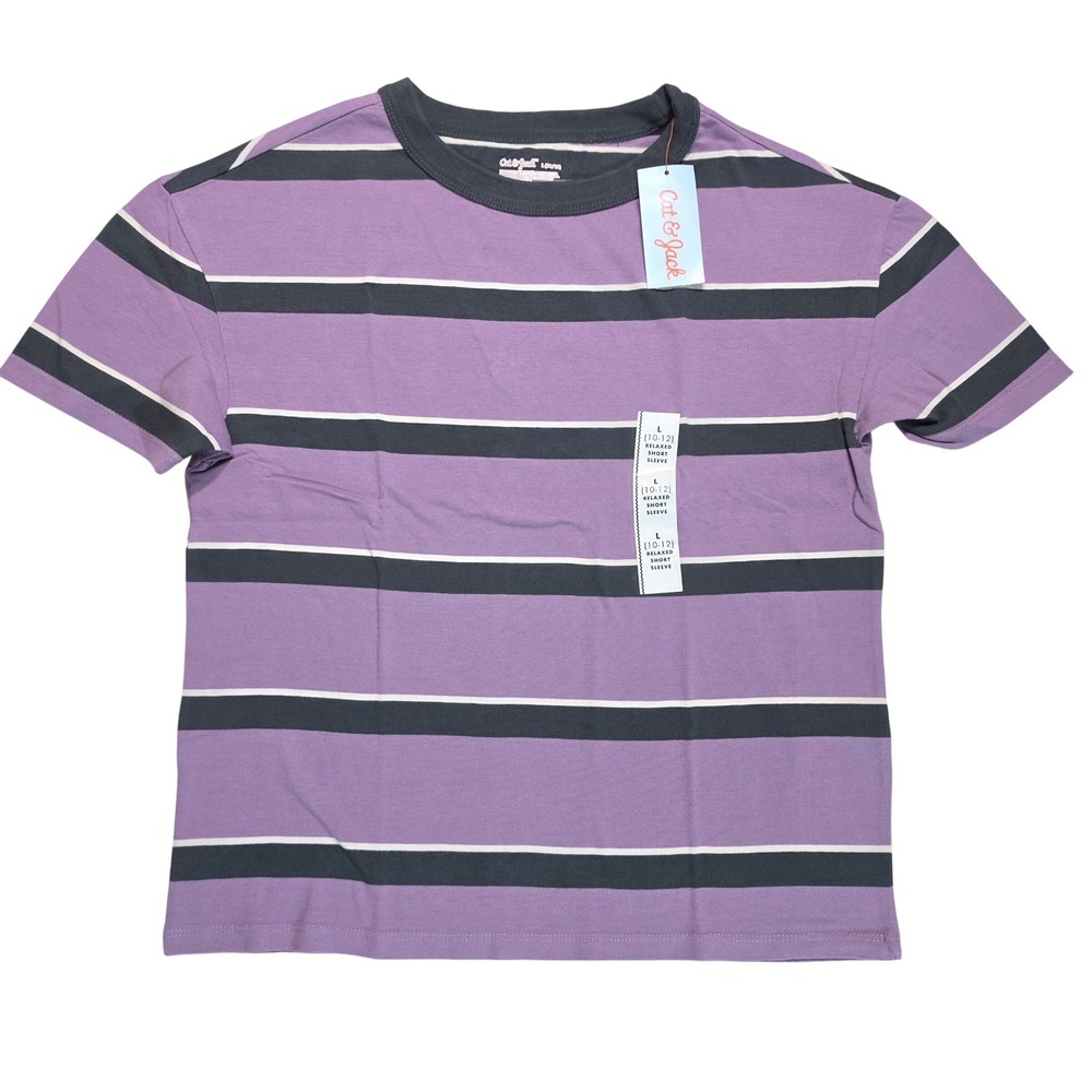 Cat & Jack Boys Relaxed Short Sleeve Striped T-Shirt Purple Navy White L 10-12